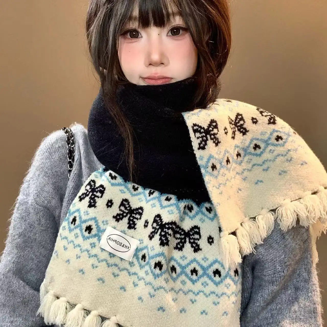 Retro Jacquard Bow Scarf Women's Autumn and Winter New Style High End Thickened Warm and Cold Proof Scarf