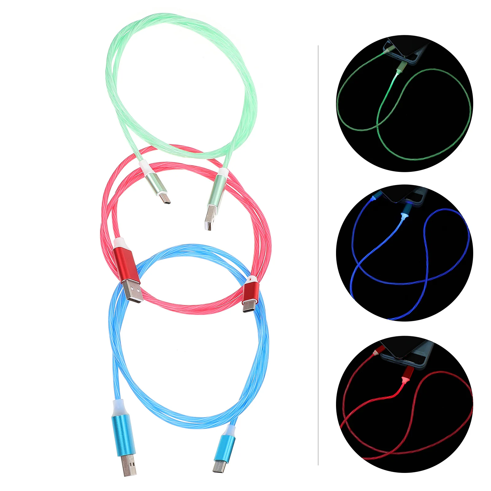 

3Pcs Type Cables Fast Charging Flowing Luminous USB Charging Cords for Phone Tablet Computer Phone Data Line