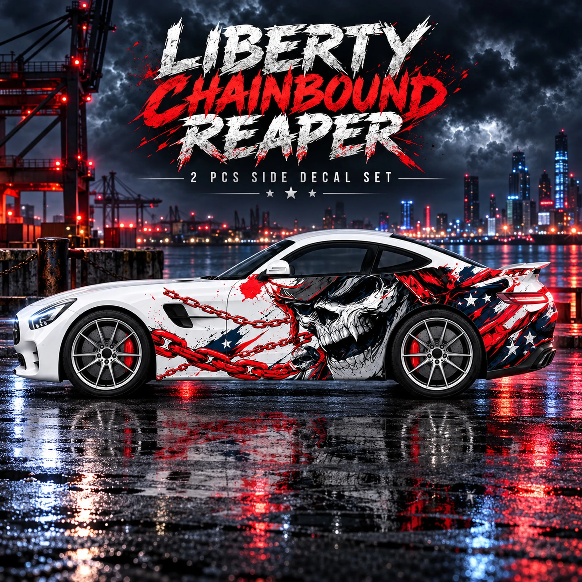 2 PCS Liberty Chainbound Reaper Skull Car Side Decals, Die-Cut Vinyl Sticker Set