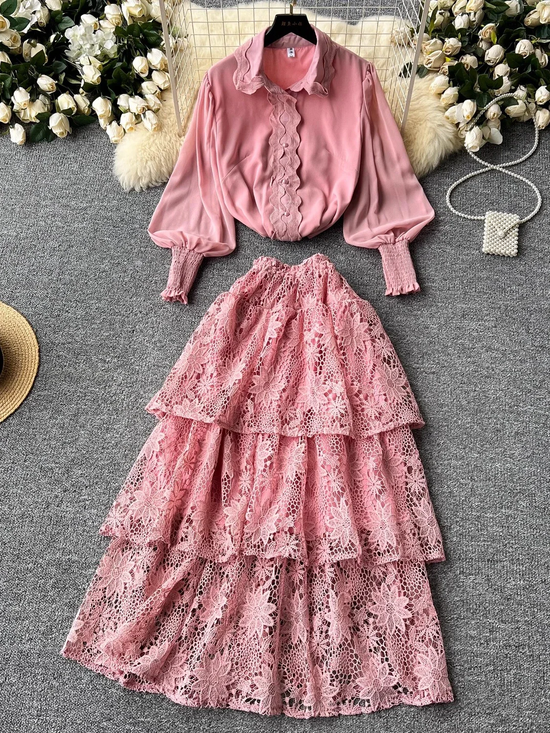 Autumn Women Red/Brown/White/Pink Lace Two Piece Set Elegant Turn-Down Collar Single Breasted Blouse + High Waist Ruffle Skirt