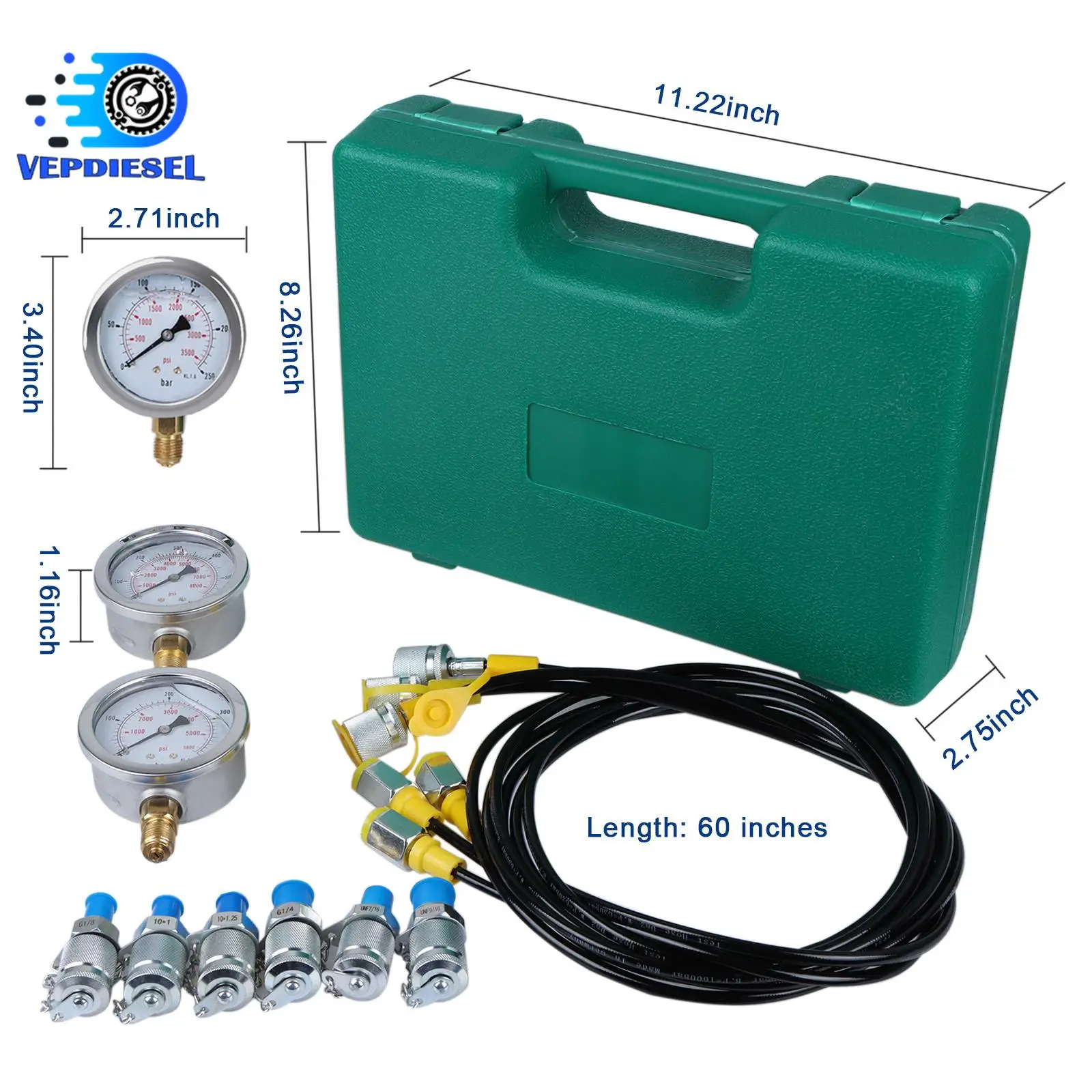 

Hydraulic Pressure Test Kit with 3 Pressure Gauge 25Mpa/40Mpa/60Mpa M10 M14 6 Test Coupling Diagnostic Tool Green Box Excavator