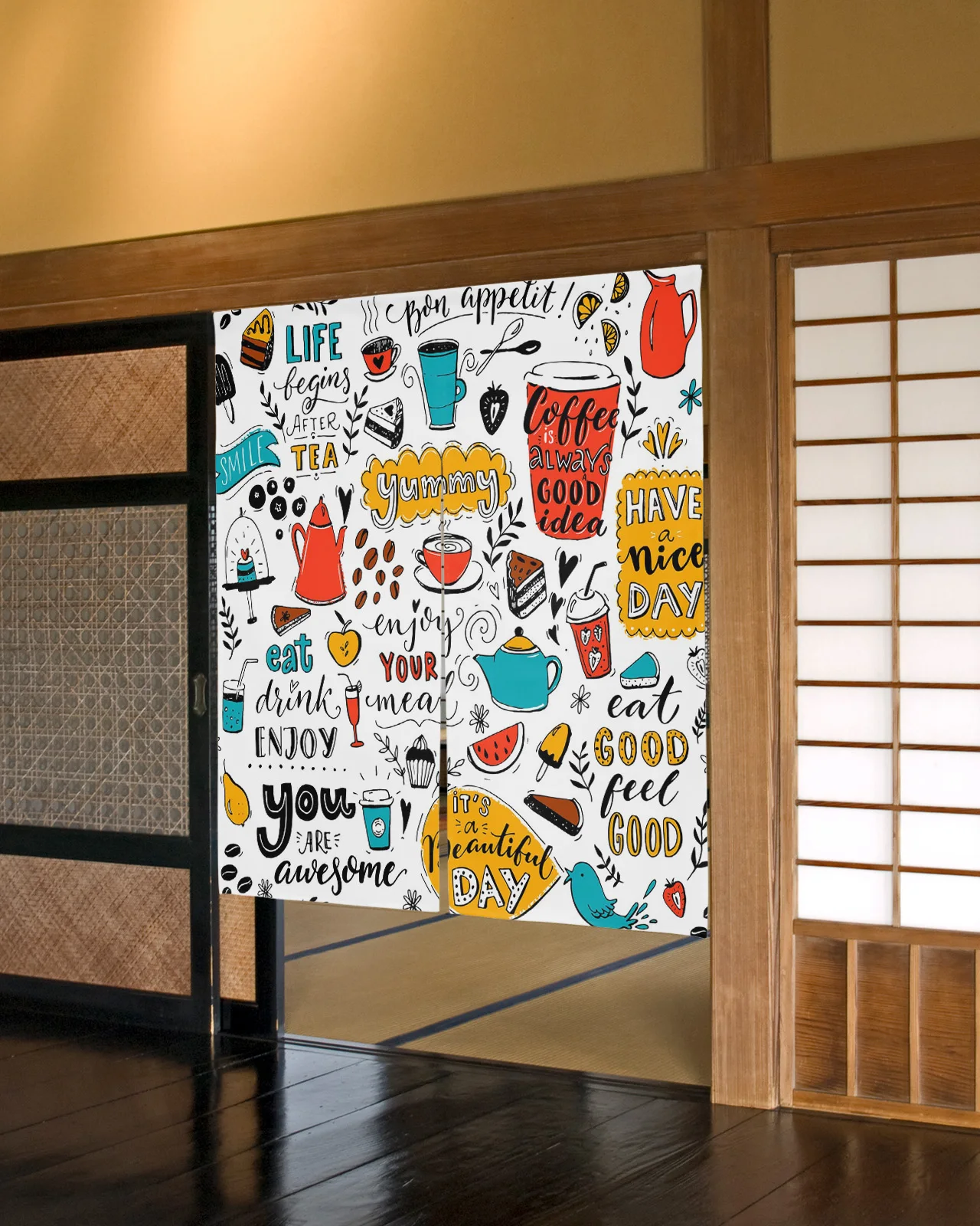 

Coffee Cafe Door Curtain Doodle Teapot Cup Food Japanese Noren Curtains Bedroom Partition Kitchen Entrance Hanging Half-Curtains