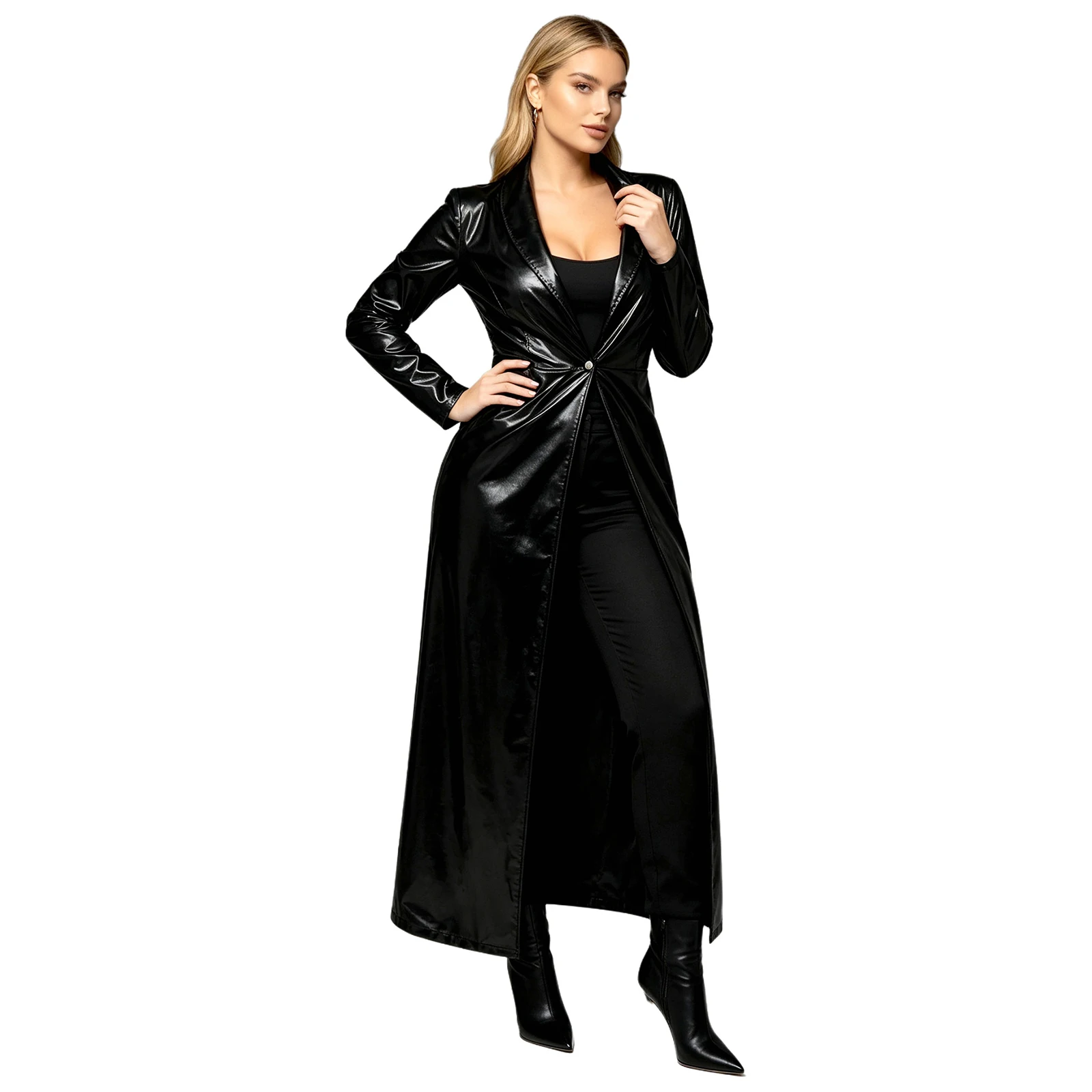 Women Metallic Holographic Shiny Jacket Long Trench Overcoat Lapel Collar Long Sleeve Floor‑Length Clubwear Stage Costume Coat