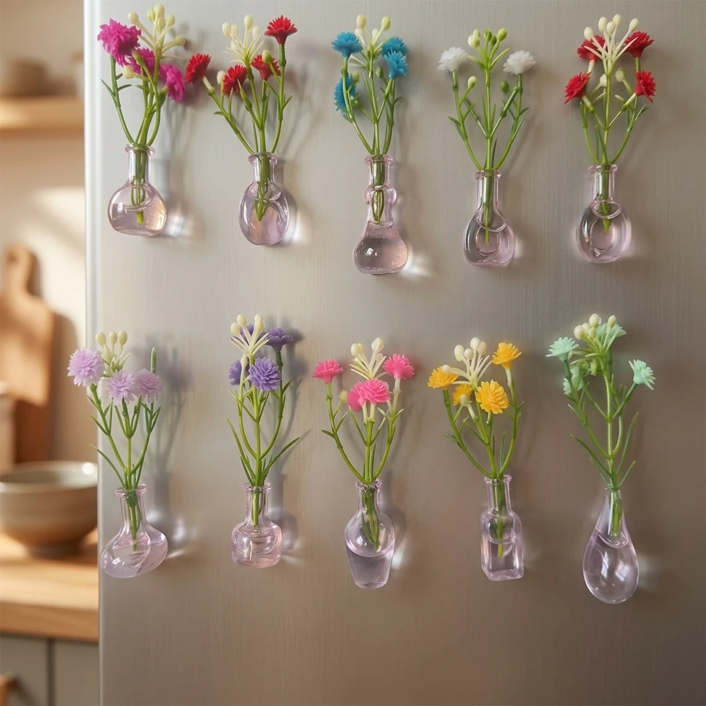 Mini Magnetic Vase Set Random Pink Resin Fridge Stickers DIY Decoration for Kitchen Office Home Decoration 8/10pcs