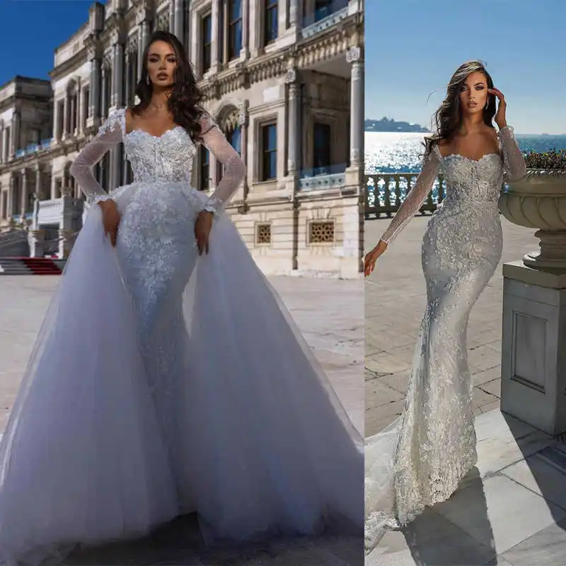 

Graceful Mermaid Wedding Dress Long Sleeve Lace Detachable Train Sweep Train Bridal Gowns Church Customized Vestido De Novia