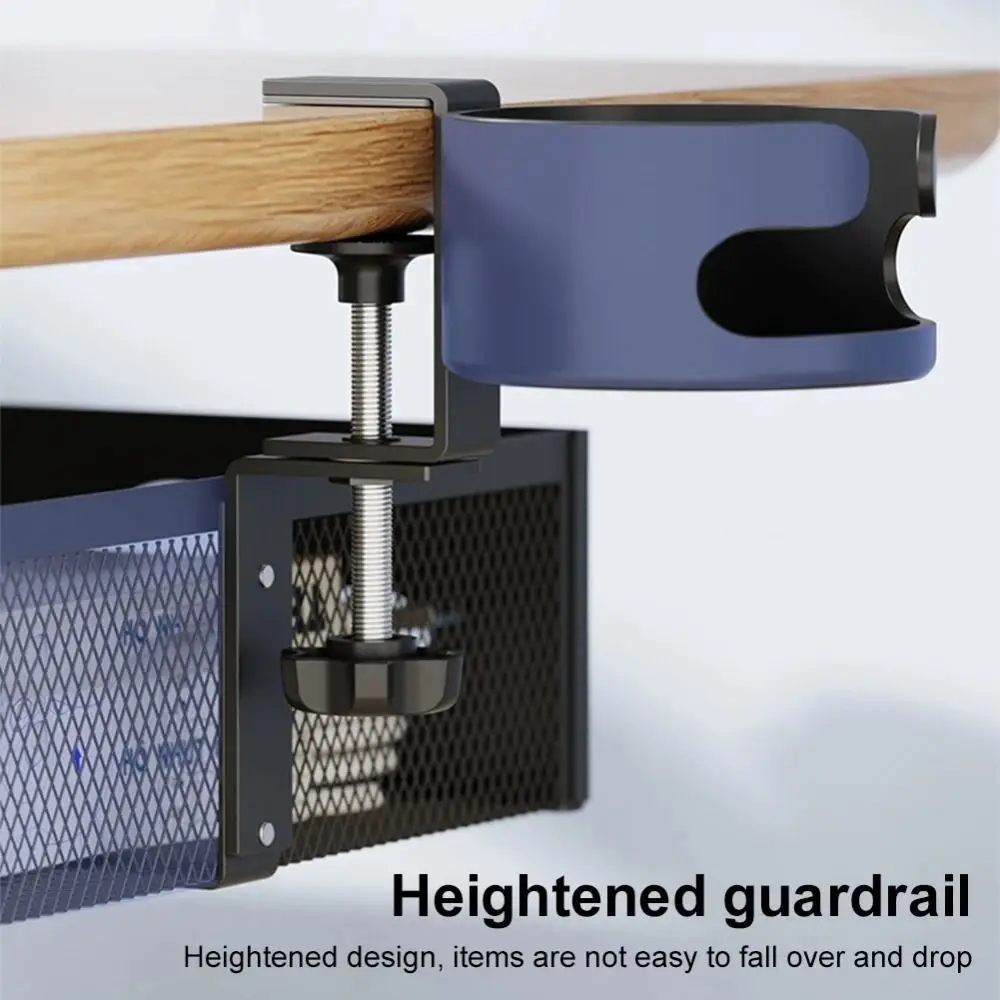 

360 Degree Rotating Under Desk Storage Rack No Drill High Load Capacity Clamp-On Document Tray Carbon Steel with Cup Holder