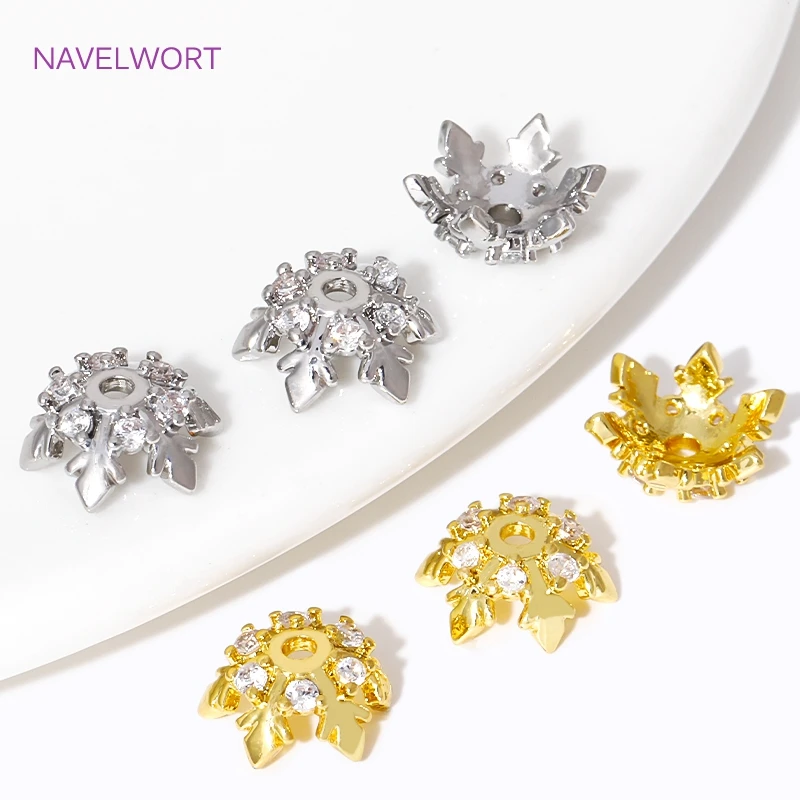 18K Gold Plated Brass Inlay Zircon Bead Caps,Flower Bead Caps For Jewelry Making,DIY Bracelet Making Accessories Findings