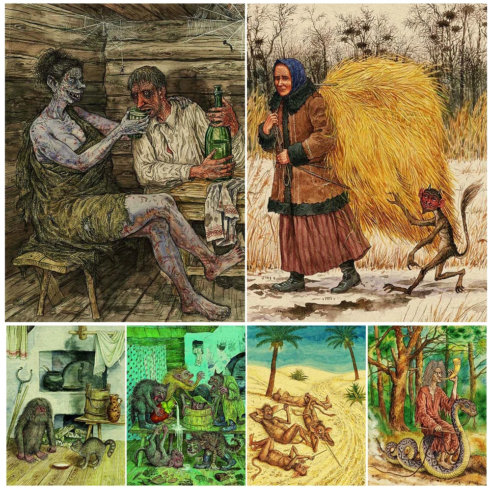 

Greedy Little Devil And Drunkard Vintage Wall Art Canvas Painting Folklore Demon Stories Art Poster Print Home Decor Unframed