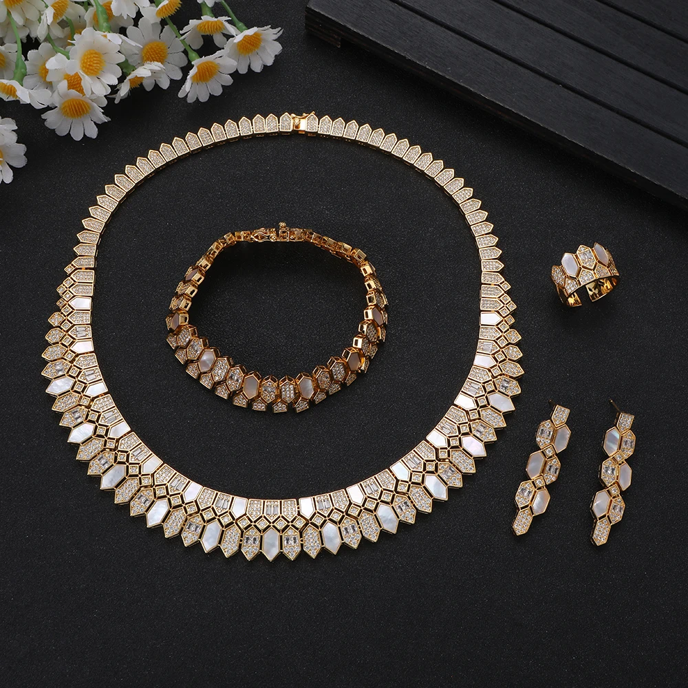1 Set Gold Crystal & Mother-of-Pearl Jewelry Set for Luxury Gala Fashion Women's Gift for Anniversary