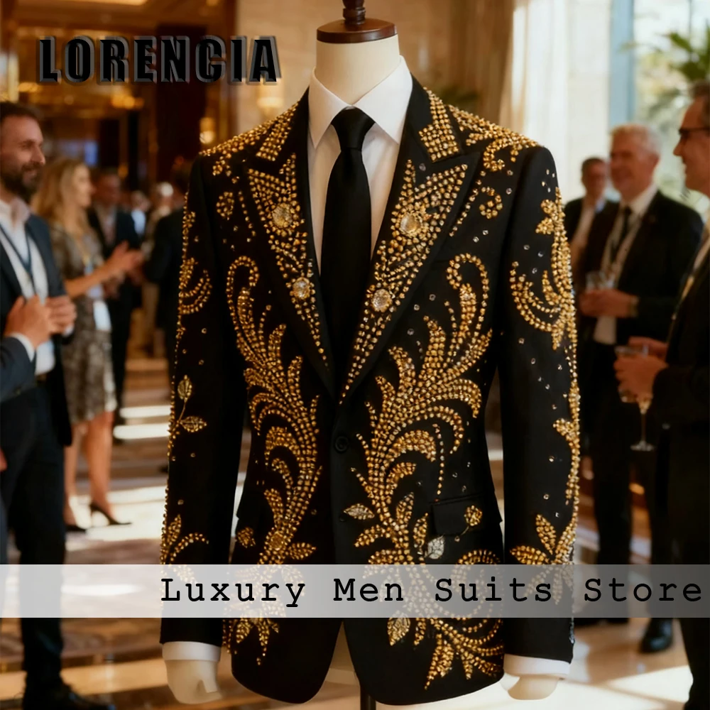 

Elegant Gold Diamond Male Suits 2 Pieces Single Breasted Wedding Groom Tuxedos Set Customized Blazer Pants trajes para hombre