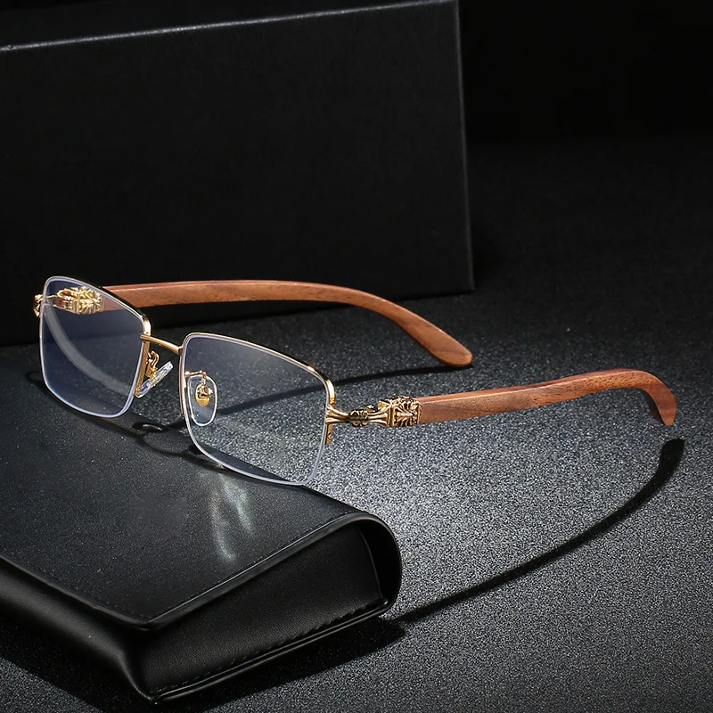

Очки с деревянными дужками без оправы с золотым декором, деловые очки унисекс без оправы, европейские модные солнцезащитные очки для близорукости, большие поляризационные очки