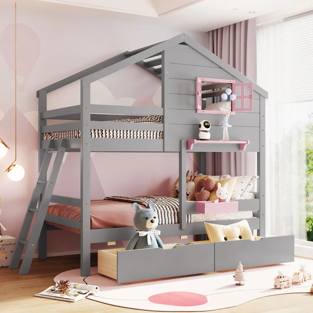 

Twin over Twin Bunk Bed with 2 Drawers, 1 Storage Box, 1 Shelf, Window and Roof-Gray
