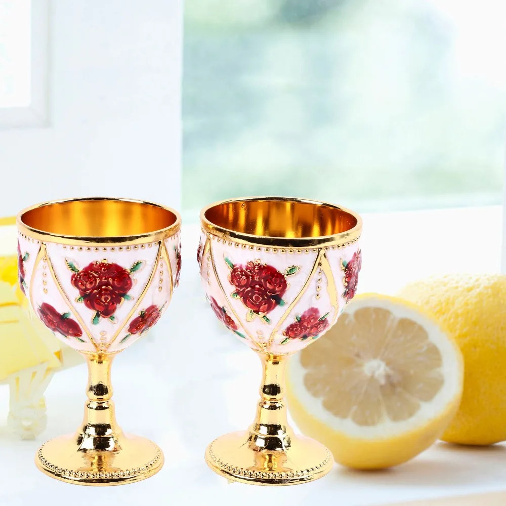 2pcs Alloy Vintage Metal Wine Cup Silver White Blue Golden White Red Metal Embossed Wine Glass 3D Relief Rose