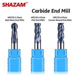 SHAZAM Tungsten Steel Carbide HRC50 2/4-Flute Round Nose/Ball Nose/Flat Milling Cutter For CNC Mechanical Center End Mills Tools