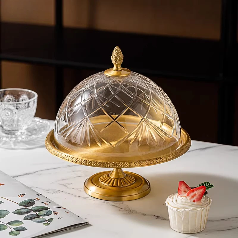 European retro brass glass household with lid tall snack tray, refreshment afternoon tea snack dessert cake tray