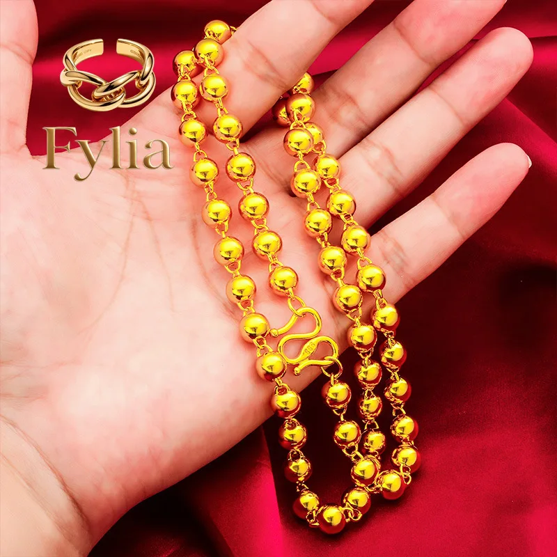 Fylia Jewelry   24K Gold AU999 Men 8mm Polished Bead Necklace 60cm - Premium polish craft, 8mm medium beads, 60cm for mature men