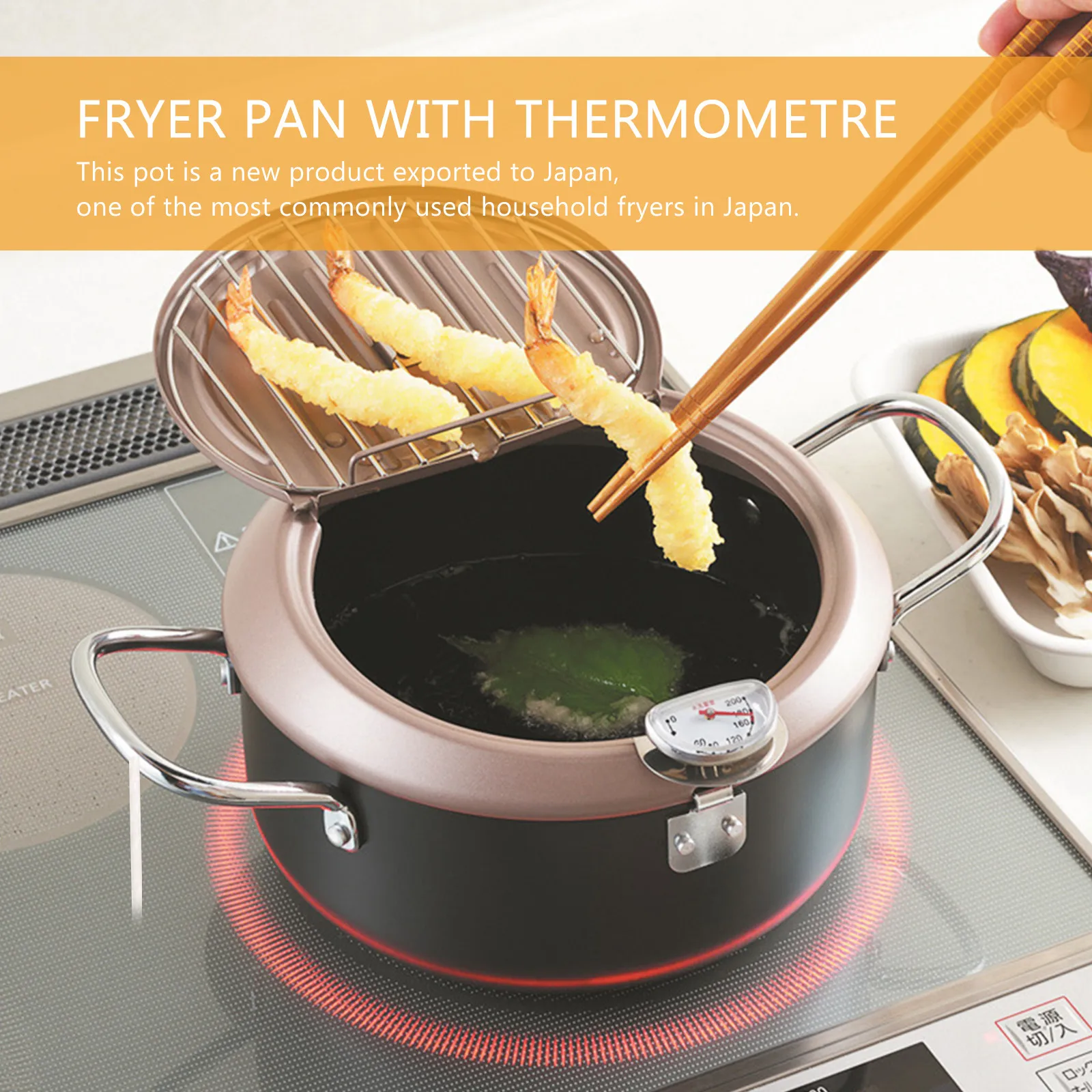 

Japanese Style Deep Frying Pot 20Cm Thermometer Tempura Fryer Pan with Cover Oil Filter Holder Kitchen Cooking Tools for Oil