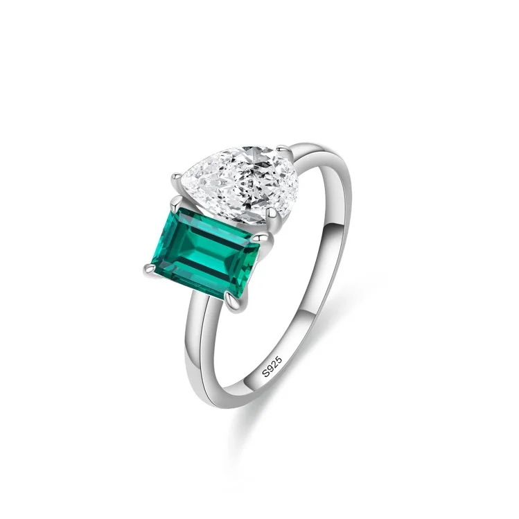 

European American Rhodium Plated Diamond Fashion Engagement 925 Silver Female Emerald Ring
