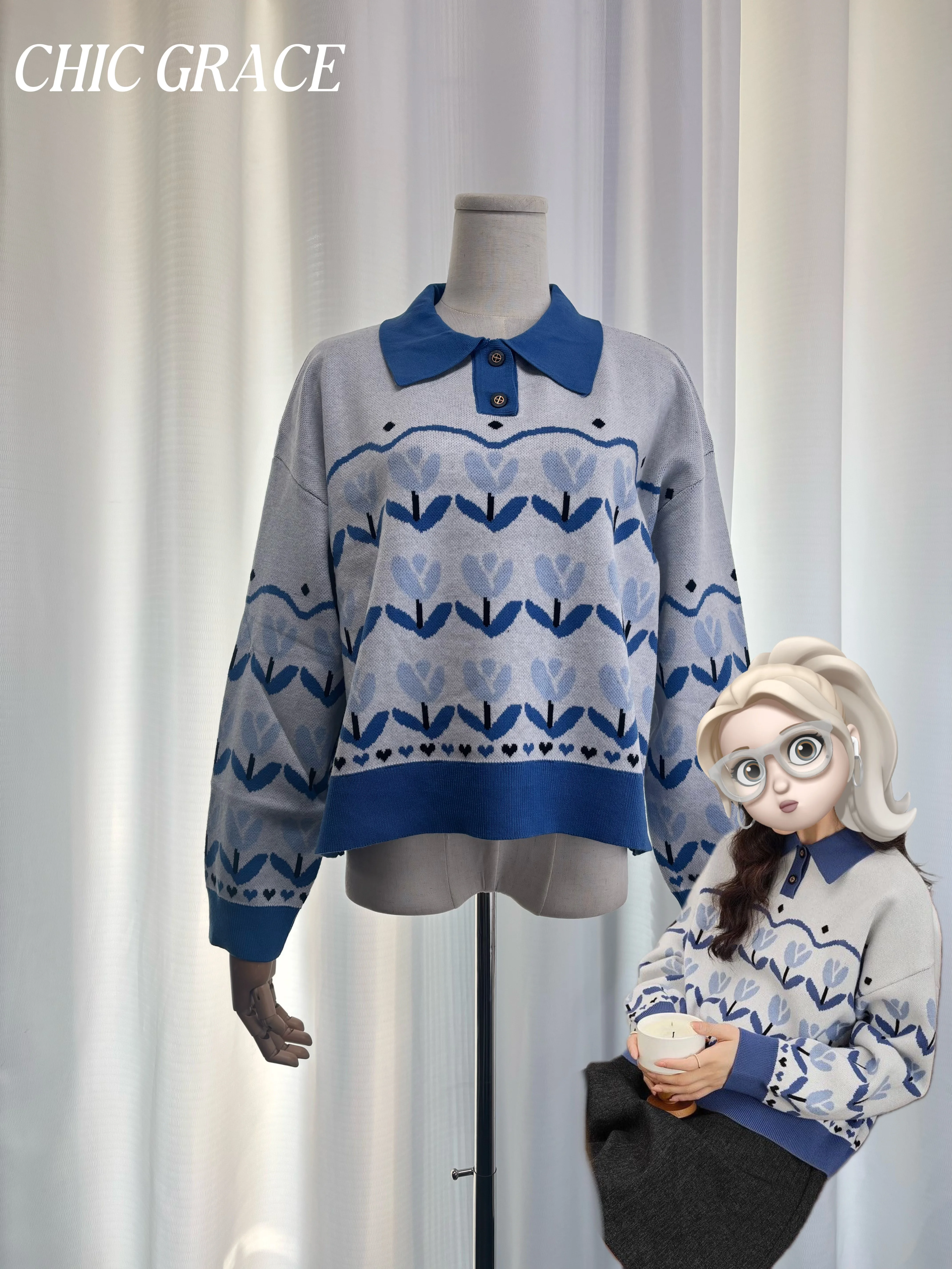 

Реальный снимок, осенний новый женский свитер с воротником-поло с цветочным узором, свободный облегающий вязаный топ с длинными рукавами, повседневный вес, уменьшающий возраст