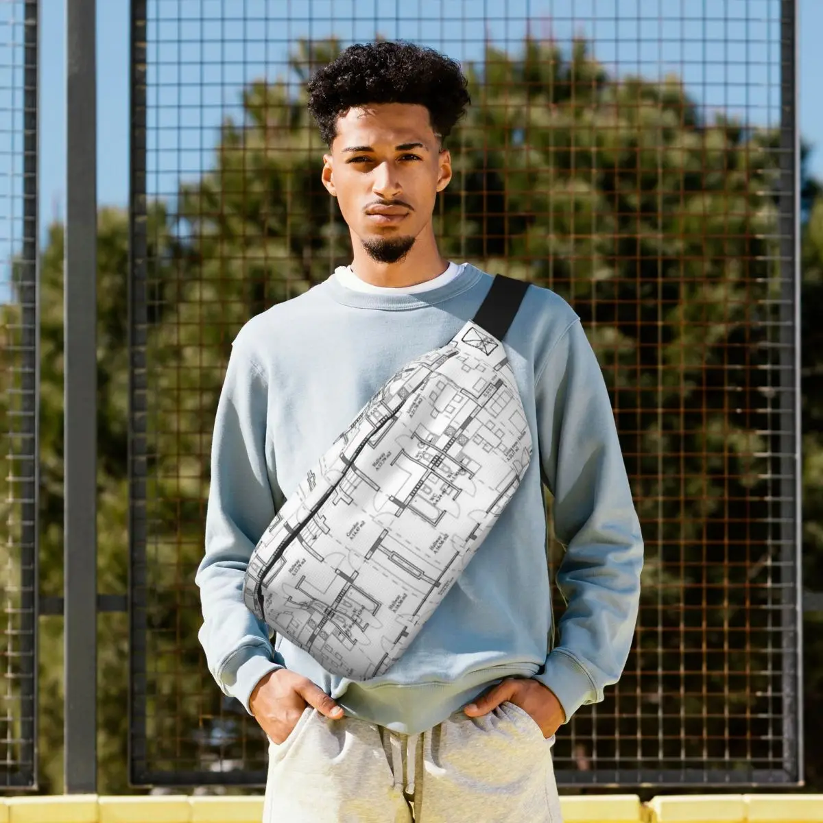 

Сумка-бананка через плечо с архитектурными мотивами: чертежи и эскизы одноэтажного частного дома, регулируемая поясная сумка для мужчин и женщин