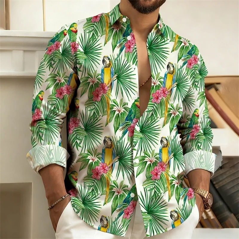 New Men's Tropical Plant Print Long-Sleeved Shirt  Featuring A Unique Flamingo And Parrot Pattern  A Stylish And Casual Top.