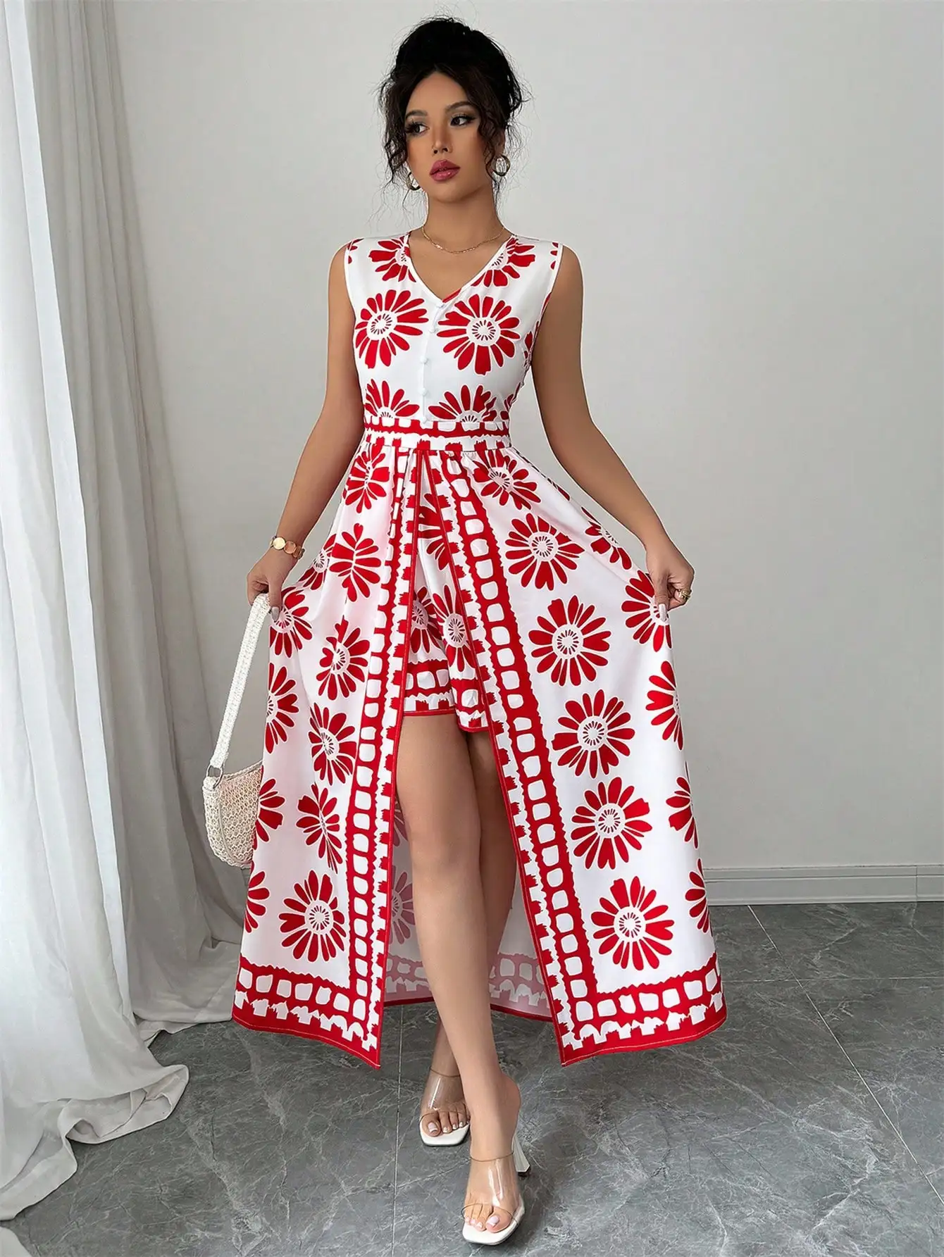 

Women's Spring and Summer Beach Vacation Style Casual and Elegant Contrasting Color All-Over Retro Print Sleeveless Jumpsuit