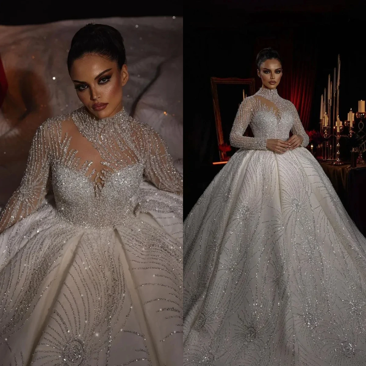 Luxury Sparkling Lace Crystal Glitter Handmade Wedding Dress Sexy High Collar Long Sleeve Bridal Dress Robe De Mariée Customized