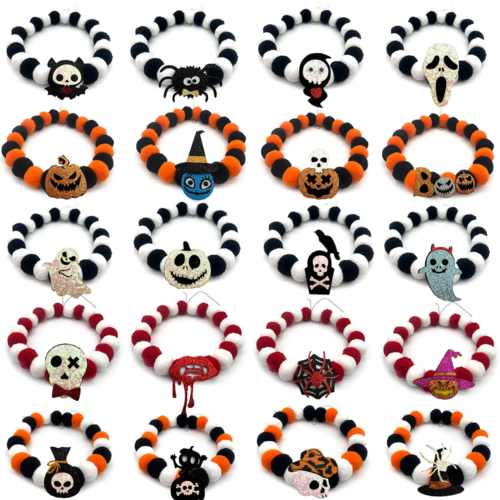 20pcs New Pet Dog Bow Tie Halloween Style Hair Ball Necklace Collar Pet Dog Cat Bowties Neckties Dog Grooming Accessories