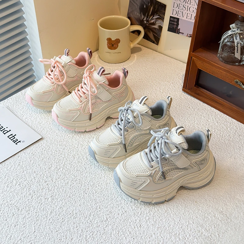 

Girls' shoes, children's dad shoes, women's 2025 new summer mesh breathable thick sole height increasing casual sports shoes