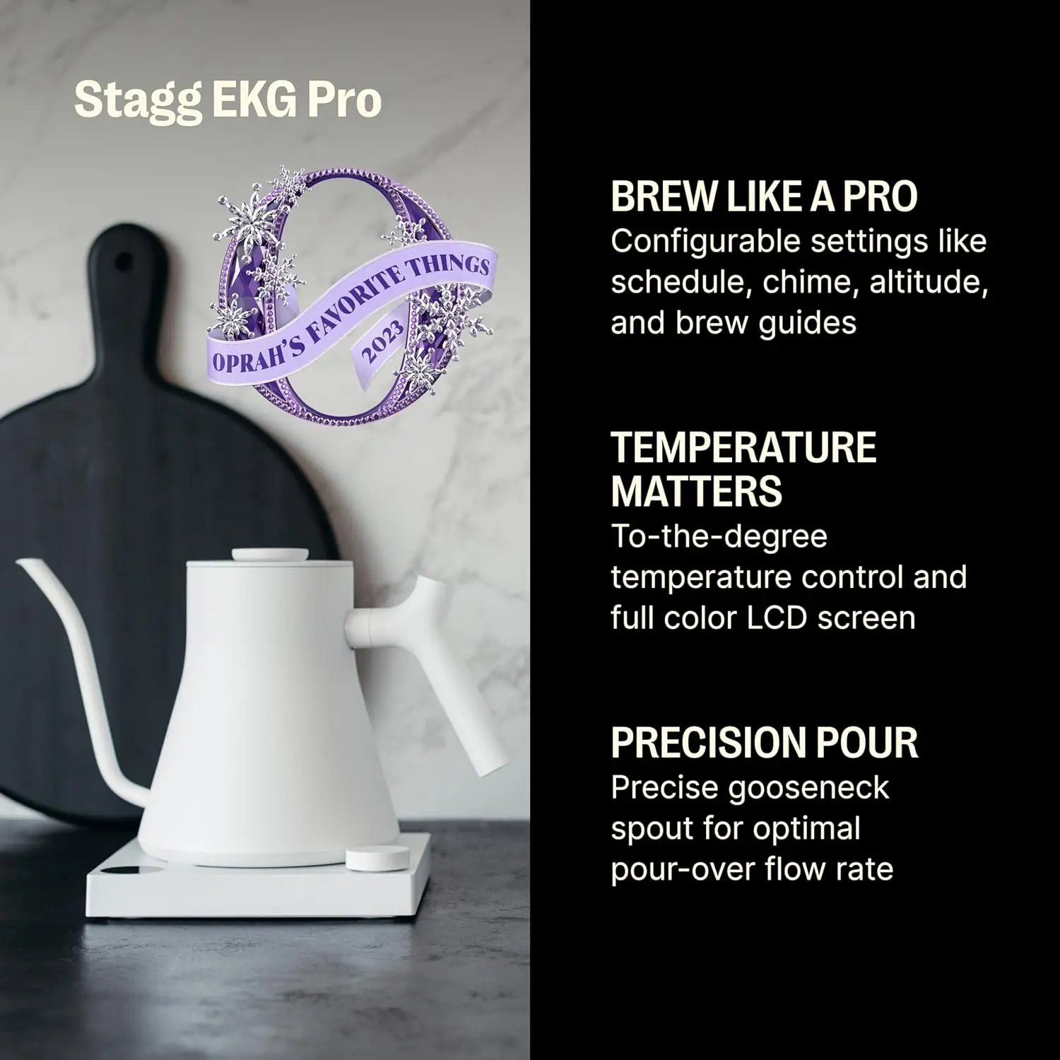 EKG Pro Electric Gooseneck Kettle - Pour-Over Coffee and Tea Pot, Stainless Steel, Quick Heating, Matte White, 0.9 Liter