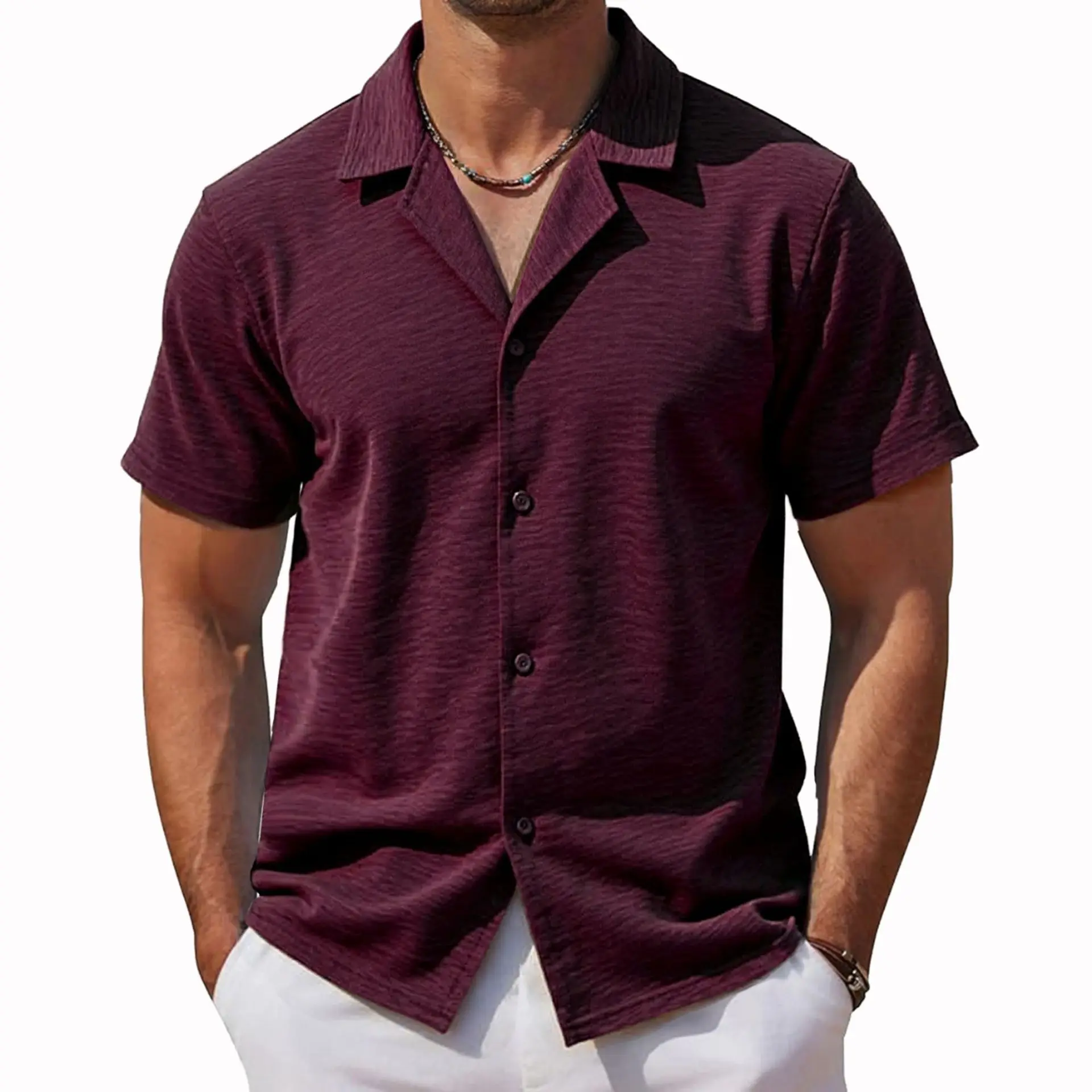 Men's Dark Red Solid Color Cuban Collar Short Sleeve Casual Trendy Daily Simple Basic Shirts Male Vintage Fashion Top Clothes