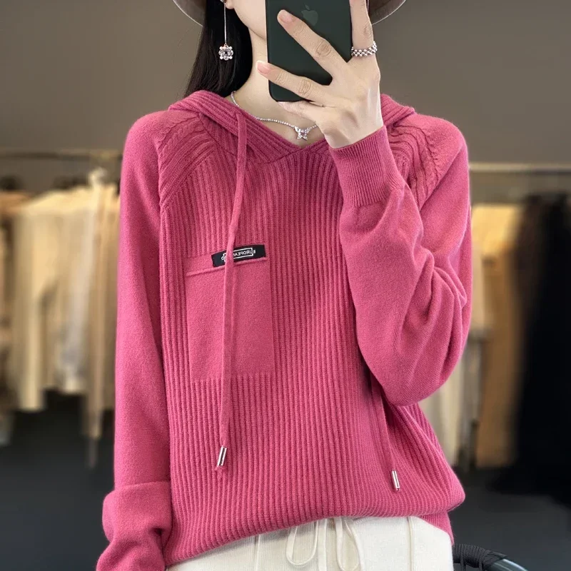 Autumn/Winter Hooded  Sweater Long Sleeve Women\'s Pullover Solid Color Loose And Casual Sweater Women\'s Long Sleeve Knit Top