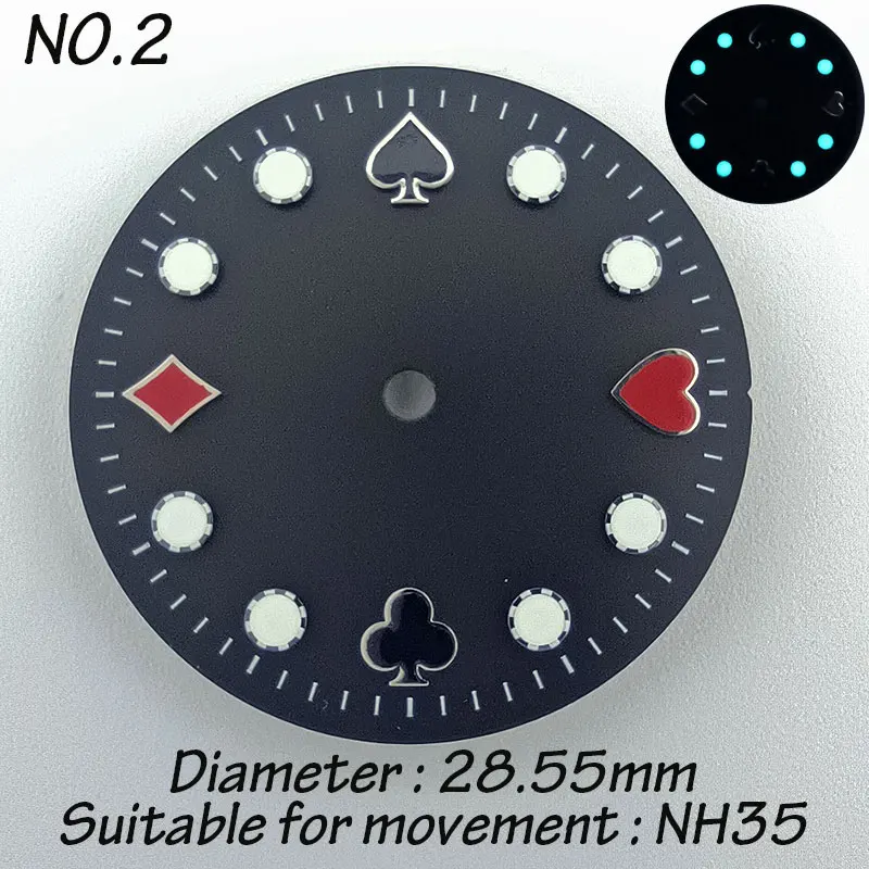 Mostrador de relógio nh35 de 28.5mm com padrões de desenhos animados de pôquer verde azul luminoso mostrador asséptico acessórios de relógio modificados para movimento nh35