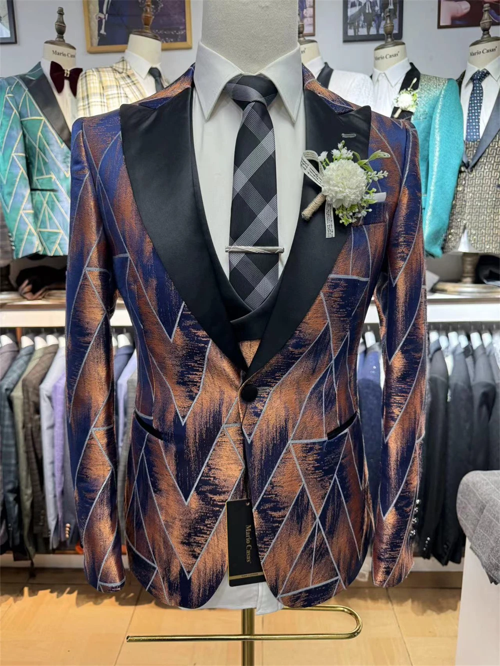 Fashionable Printed Men's Suit Set Three Pieces Suits Blazer Vest Pants Set Real Images High Quality Tuxedo Prom Dress Wear