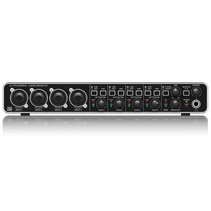 Tarjeta de sonido USB profesional Behringer UMC404HD para grabación externa en computadora, para arreglos de bandas en vivo.