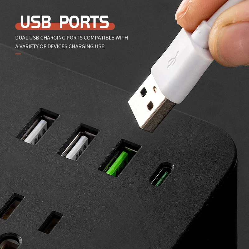 US 14 AC Plug Power Strip Wall Mounted Main Control Switch Power Socket 3 USB Port 1 Type C Port Charging Network Filter Adapter