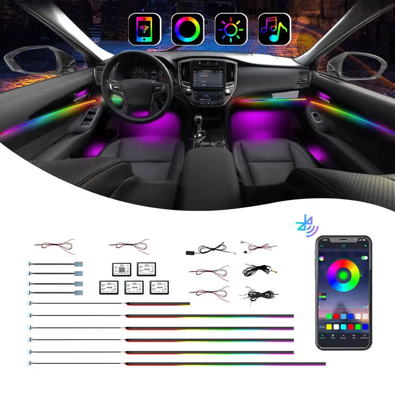

Светодиодная RGB-лента для интерьера автомобиля 14/18/20 дюймов, управление через приложение, синхронизация с музыкой, 64 цвета, комплект для декорации приборной панели для ночной езды