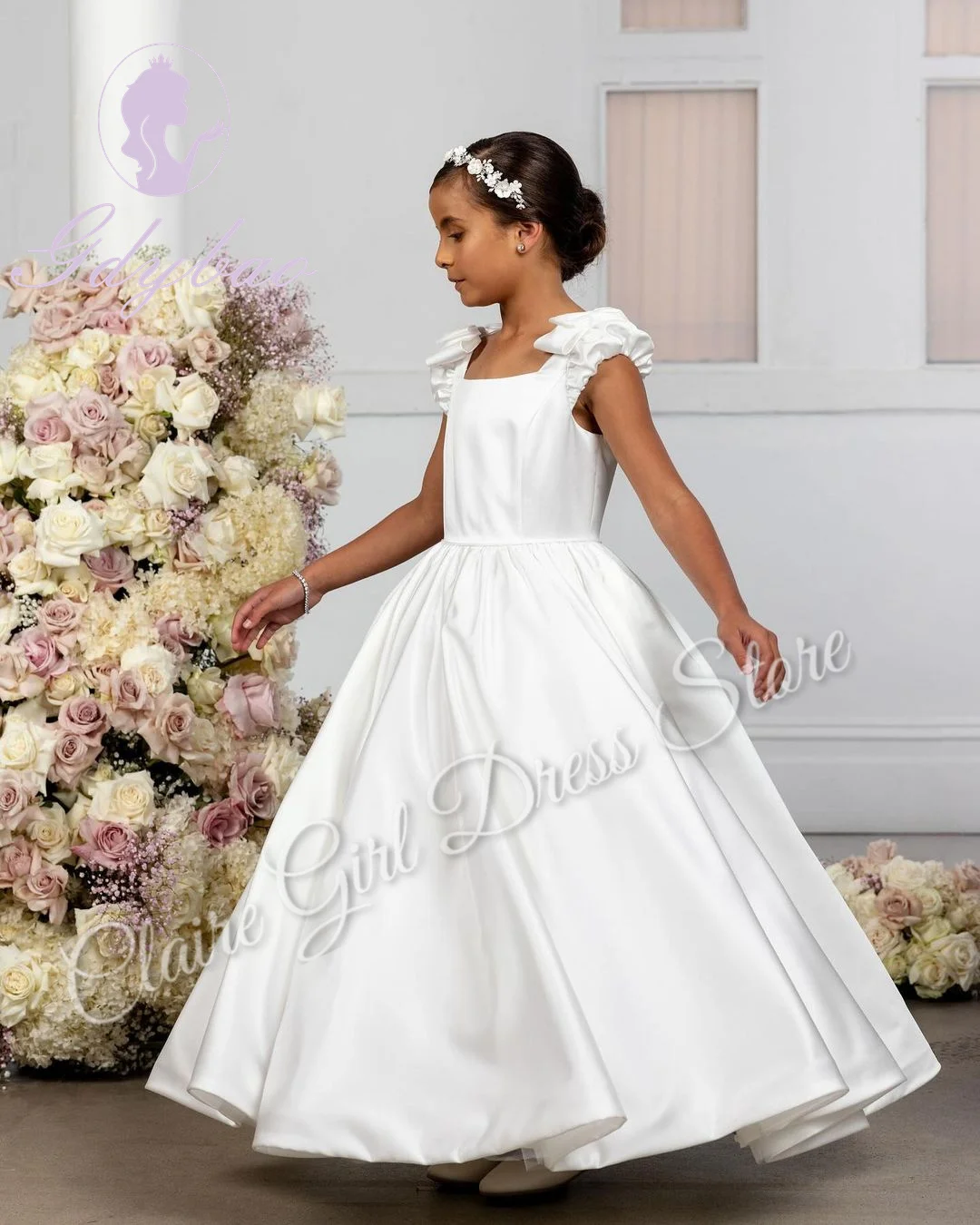 Maßgeschneiderte Satin-Blumenmädchenkleider für die Hochzeit mit Schleife, ärmellos, bodenlang, elegantes Prinzessin-Geburtstagsfeier-Konzertkleid