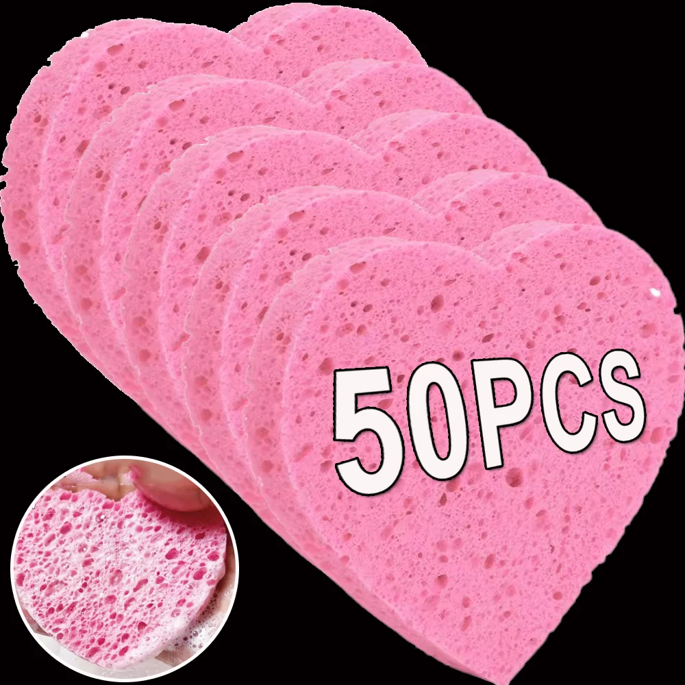 50 Stuks Hartvormige Gecomprimeerde Gezichtsreiniging Puffs Natuurlijke Gecomprimeerde Houtpulp Katoenen Puff Cosmetische Puff Gezicht Wassen Spons