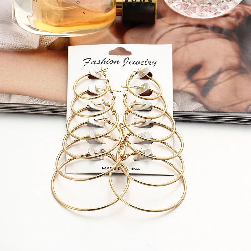 Noter Economical 6 Pairs Per Card Women Circle Earrings Gold Silver Color 6 Sizes Hoop Orejeras Casual Accessories Party Jewelry