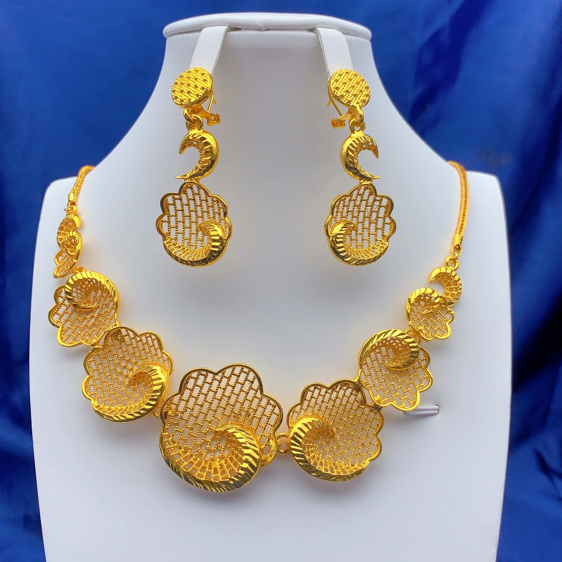 Indische 24K Gold Farbe Halskette Ohrringe Schmuck-Set Für Frauen African Dubai Nigeria Braut Hochzeit Schmuck Großhandel