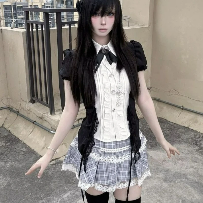 

Korean Fashion Lolita 2 Piece Set Women Sweet Preppy Style Lace Patchwork Tops Plaid Cake Mini Skirt Female Y2k Princess Outfits