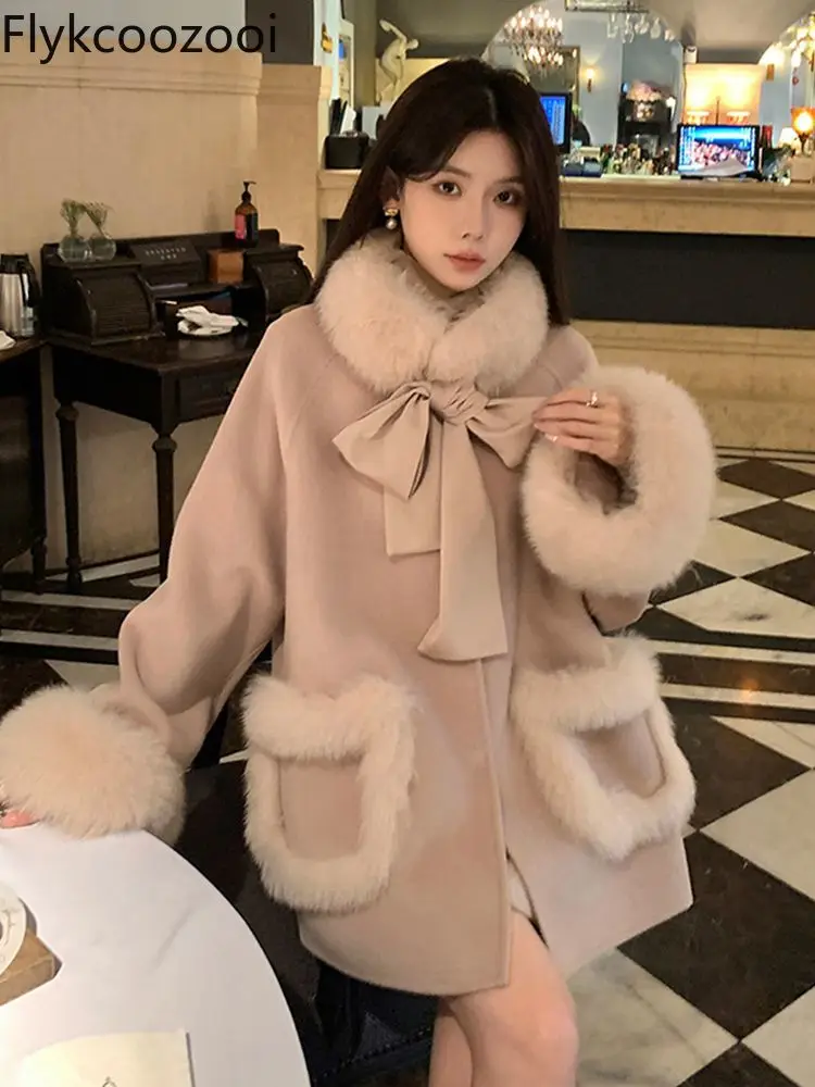 Bow 2024 Winter Fluffy Coat New Imitation Fox Fur Collar Fur Cloak Woolen Coat for Women Loose Fit Jackets Winter 2024