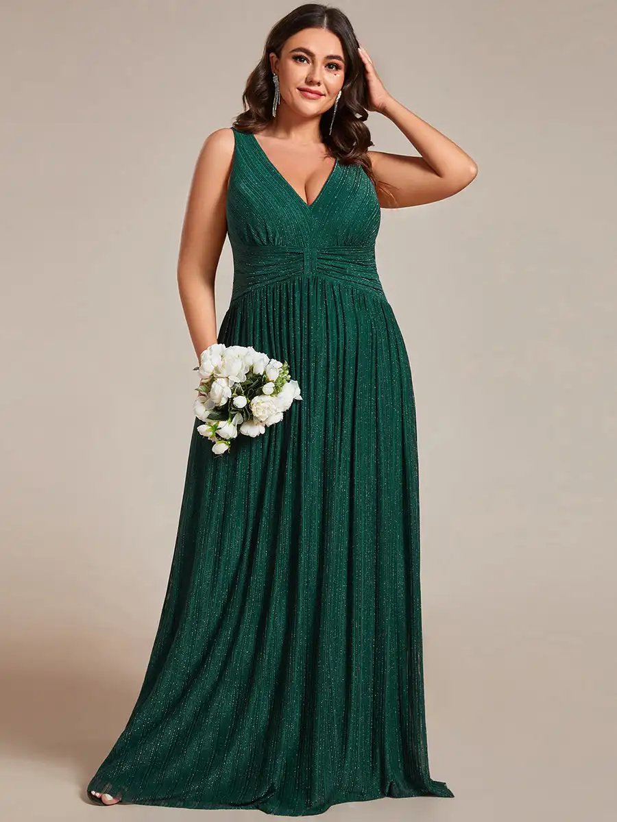 Plus size Evening Dresses Glittery Sleeveless Pleated Empire Waist 2024 Ever pretty of Sequin A-line Dark Green Bridesmaid Dress