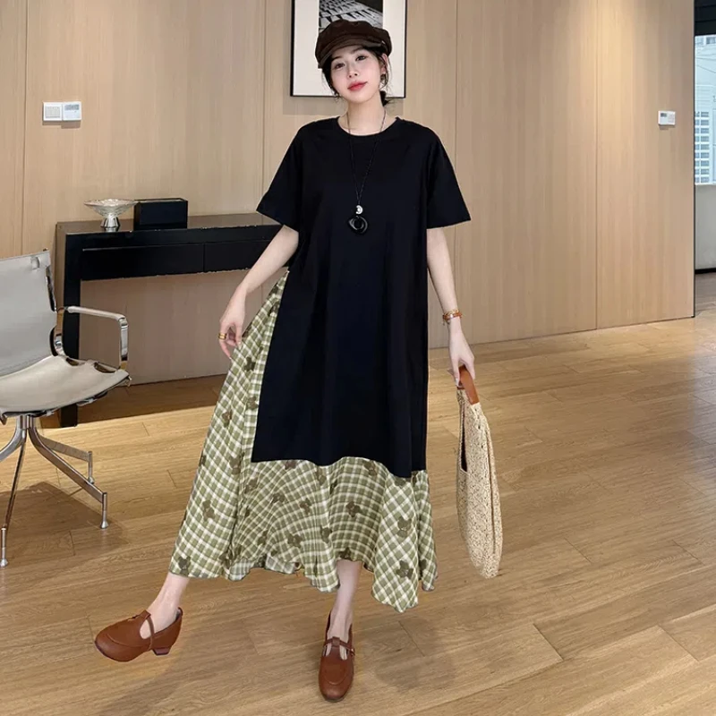 ルーズ婦人服 2025 夏プラスサイズの女性の Tシャツドレスチェック柄パッチワーク Vestidos プリント花女性ローブ KE7795