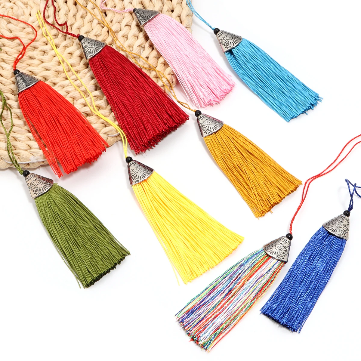 10pcs/lot Polyester Silk Tassel Thread Vertical Flat Metal Fish Mouth Cap For Fragrant Bag Clothing Fan Tassel Pendant Accessory