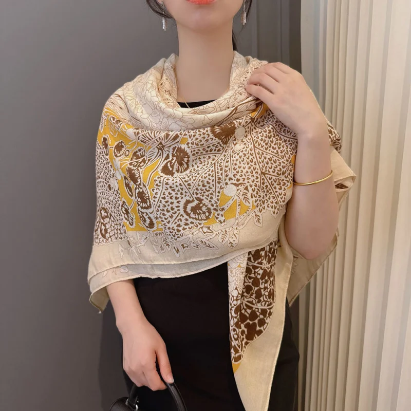 

Elegant and gentle lady with a square scarf130x130Lightweight breathable cotton-linen scarf-conditioned rooms, warm shaw