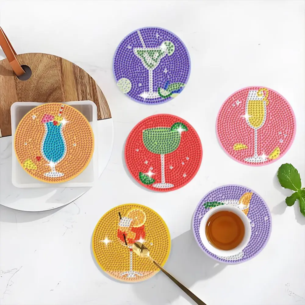8PCS/6PCS With Stand DIY Painting Coasters Entry-level Handmade Round Art Coasters Simple Cute Panda Diamond Coaster Kit