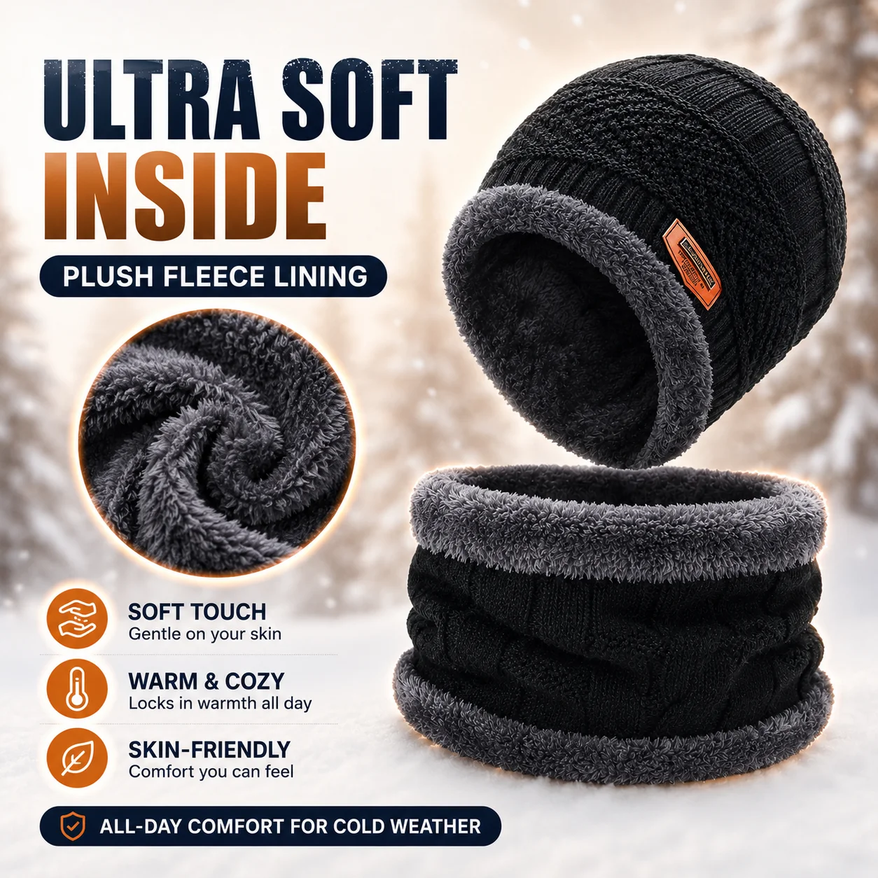 2PCS Winter Beanie Hat Neck Warmer Set Men Women Thick Fleece Lined Knit Cap Scarf Warm Windproof Cold Weather Outdoor Gift Wear