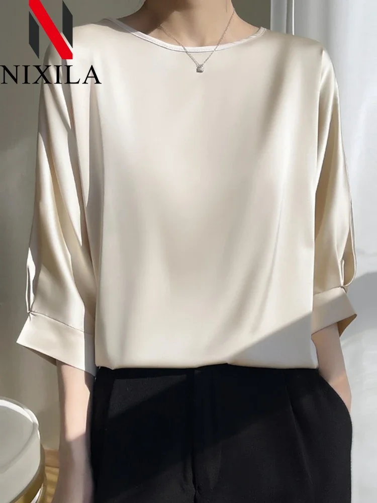 New Summer Oversized T Shirt Women\'s Blouses Shoort Sleeve Round Neck Elegant Silk Satin Shirt Fashion Top Vintage Women Clothes